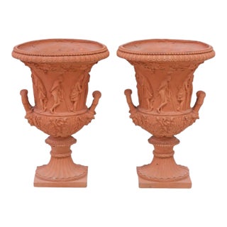 Vintage Neoclassical Style Terracotta Medici Campana Urns - A Pair For Sale