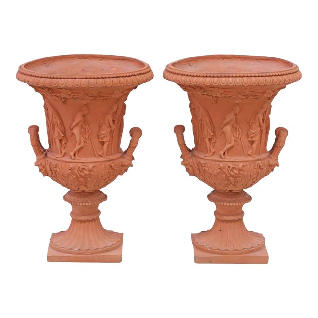 Vintage Neoclassical Style Terracotta Medici Campana Urns - A Pair For Sale