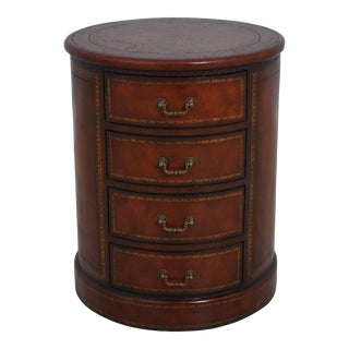 Round Tooled Leather Wrapped 4 Drawer Lamp Table For Sale