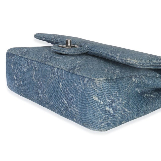 Gemstone Blue Bleached Chain Printed Denim Medium Classic Double Flap Bag For Sale - Image 7 of 9