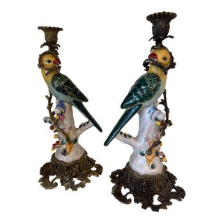 Late 20th Century Bronze and Porcelain Parrot Candlesticks - a Pair For Sale