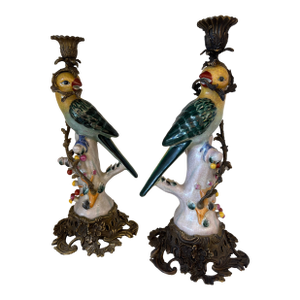 Late 20th Century Bronze and Porcelain Parrot Candlesticks - a Pair