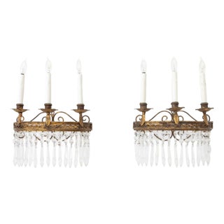 Mid 20th Century French Empire Style Gilt Wrought Iron Sconces, 2 For Sale