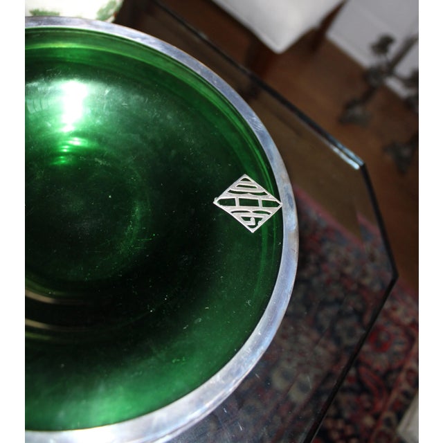 Art Nouveau Silver Embossed Green Depression Glass 10 Serving Plate or Shallow Bowls For Sale - Image 3 of 7