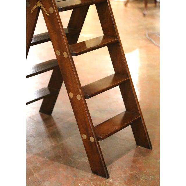 English Vintage English Walnut Four-Step Library Ladder With Brass Accents For Sale - Image 3 of 9