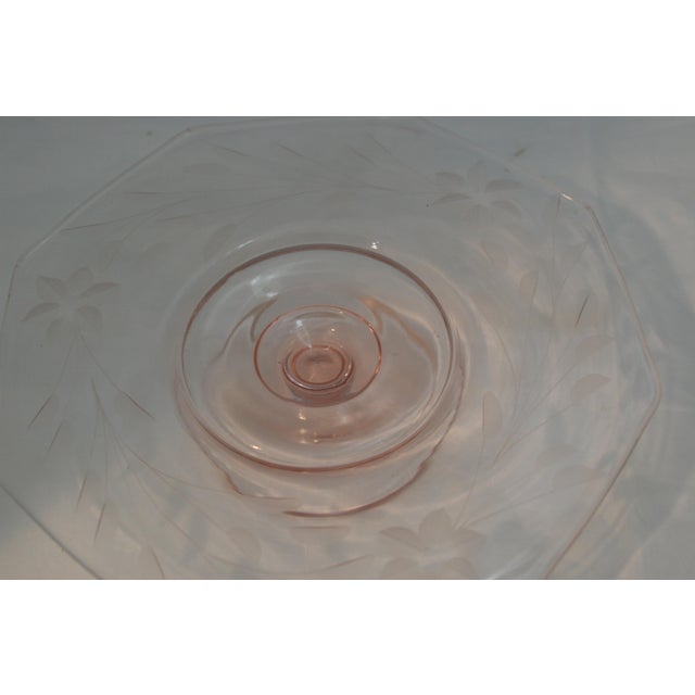 1930s Vintage Pink Depression Glass Octagonal Floral Etched Cake Stand For Sale - Image 5 of 7