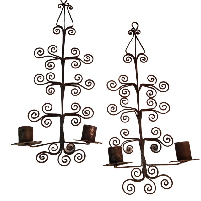 Cabin Pair of 1950s Hand-Crafted Metal Wall Candle Sconces For Sale - Image 3 of 4