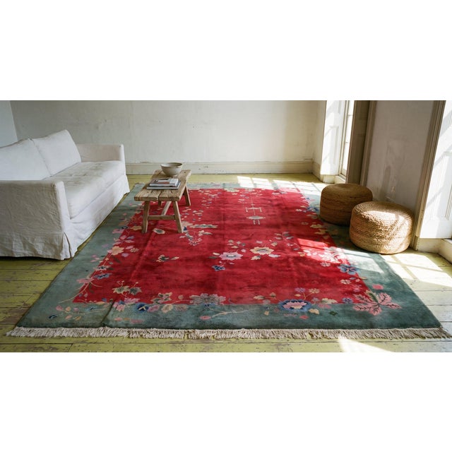 1920s Red Scarlet Foliate Antique Chinese Art Deco Carpet 9'2" X 12'8" Knotted Wool Rug For Sale - Image 12 of 13