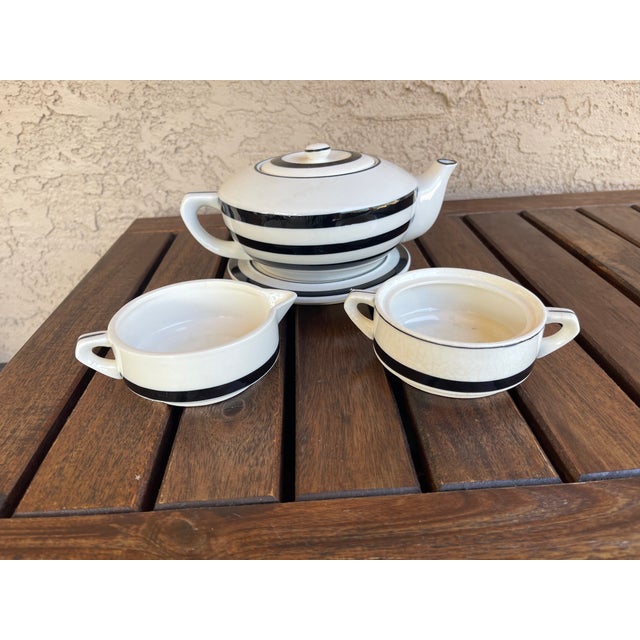 1930s Art Deco Japan Moriyama Black & White Stripe Ceramic Teapot For Sale - Image 4 of 7