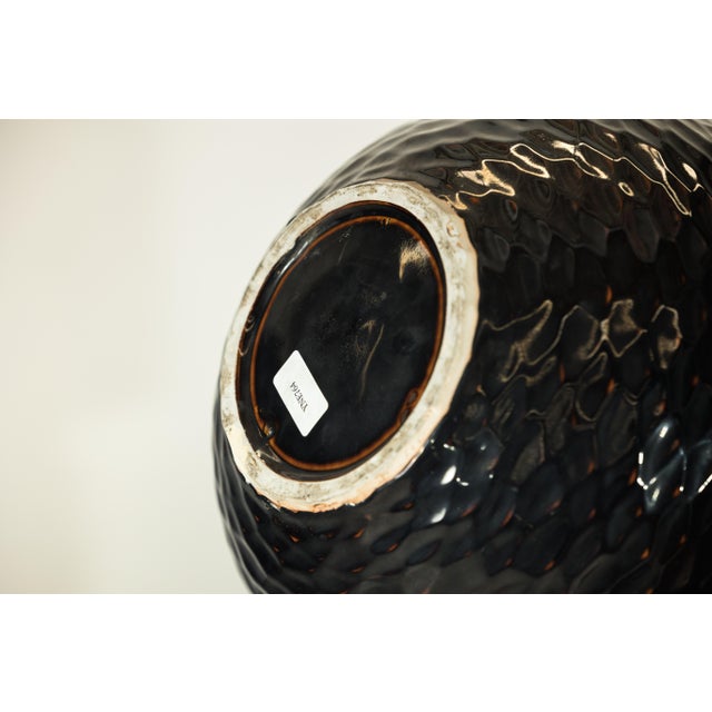 Artisan Large Honeycomb-Textured Ceramic Vase in Deep Brown and Black Glaze For Sale - Image 10 of 18
