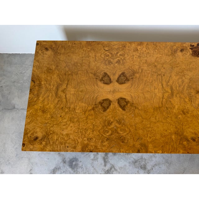 Mid-Century Modern 1970’s Milo Baughman Style Parsons Burl Wood Rectangular Coffee Table For Sale - Image 3 of 12
