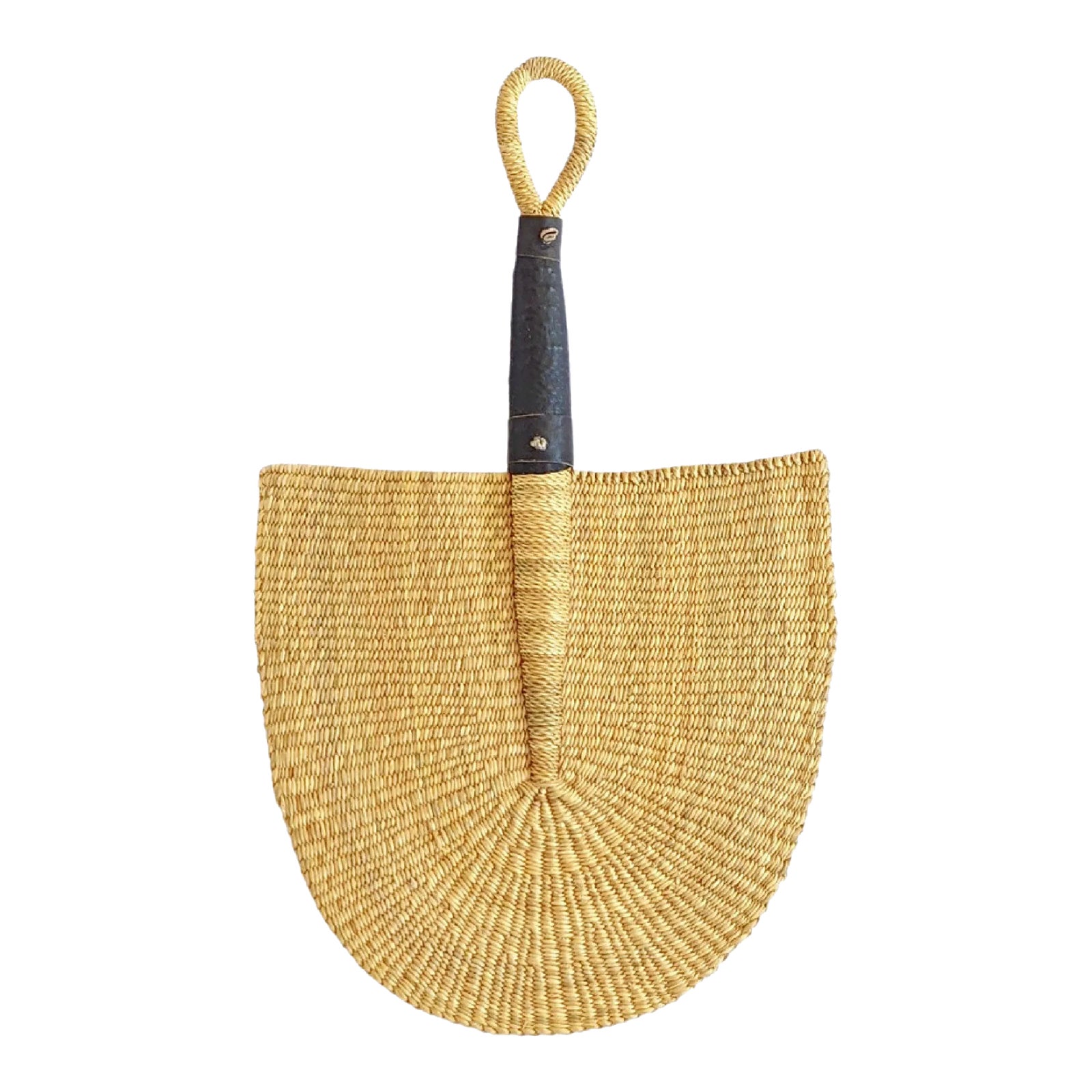 Natural Woven Grass Wall Hand Fan Leather Handle | Chairish