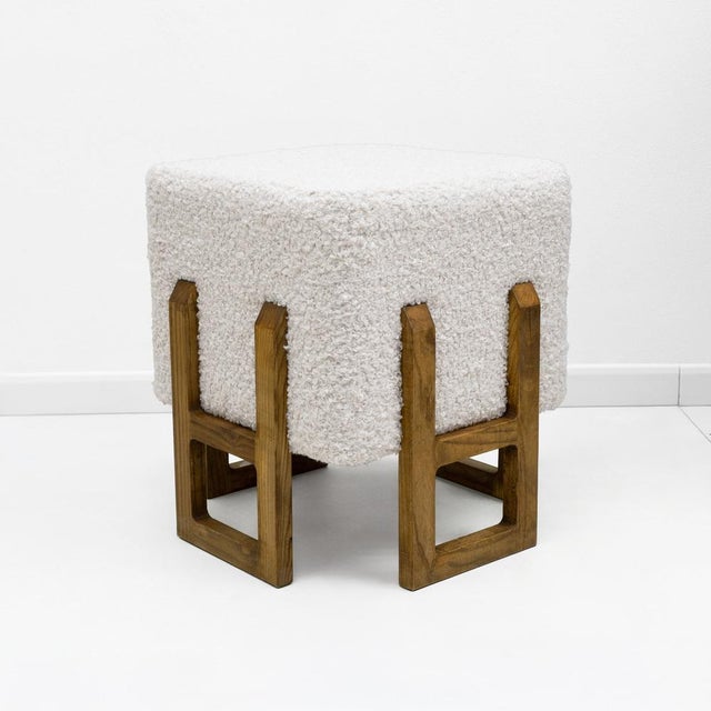 Modernist Italian Ash Wood Stools in White Bouclé, 2000, Set of 2 For Sale - Image 6 of 7