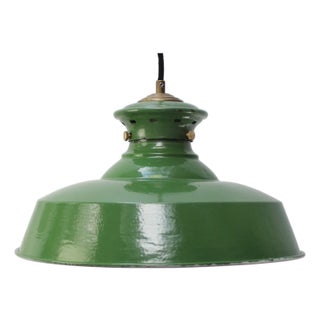 Vintage Industrial French Green Enamel & Brass Pendant Lamp For Sale