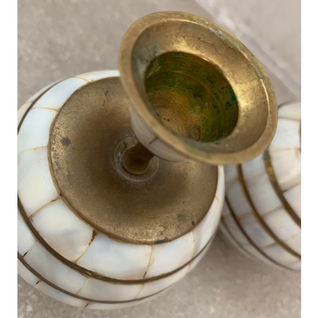 1970’s Vintage Indian Tessellated Mother of Pearl, Shell Candlestick Holders With Brass Trim- A Pair For Sale - Image 11 of 12