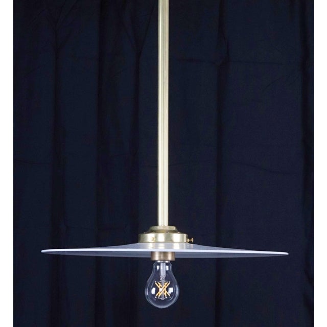 Mid 20th Century Industrial Flat Disc Milk Glass Brass Pole Pendant Light For Sale - Image 9 of 14
