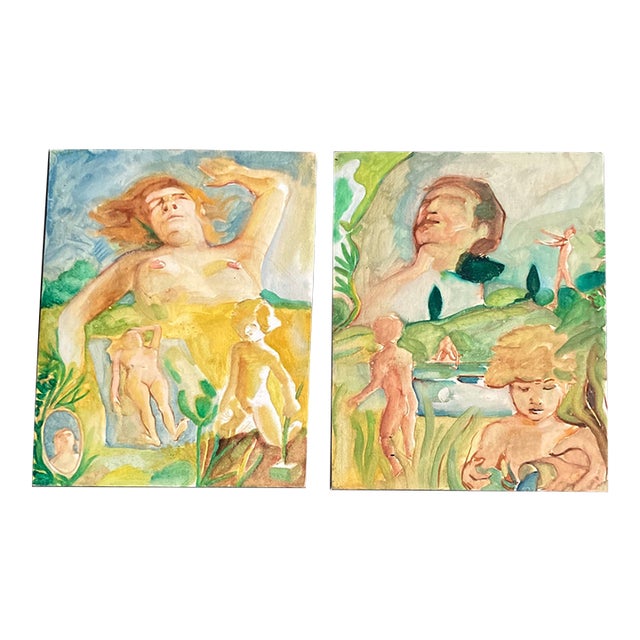 2 -1970’s Original Surreal Male/Female Abstract in Landscape Nude Paintings -a Pair For Sale
