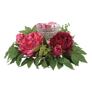 Mixed Peony Floral Candle Holder with Glass Insert 15"D For Sale