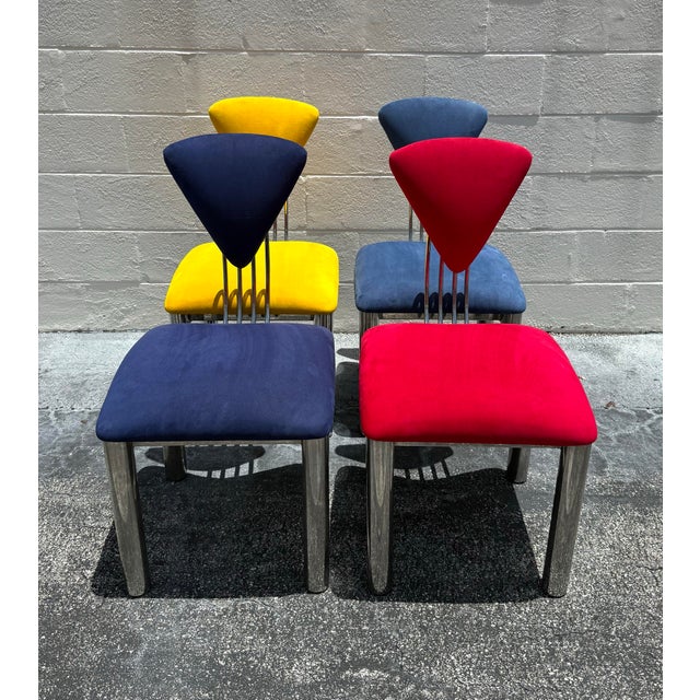 Mid 20th Century Suede Ettore Sottsass Memphis Style Chairs - Set of 4 For Sale In West Palm - Image 6 of 8