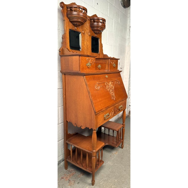 Victorian Early 19th Century Victorian Antique Golden Oak Slant Front Secretary Desk Etagere For Sale - Image 3 of 16