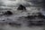 The artwork presents a dramatic seascape, where tumultuous waves crash against a stark, solitary rock formation under a...