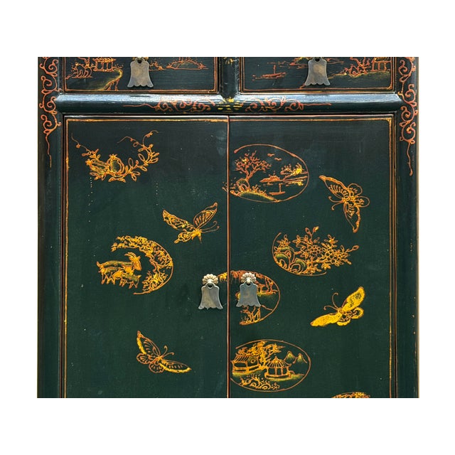 Distressed Black Golden Floral Graphic Tall Side End Table Cabinet For Sale - Image 9 of 14