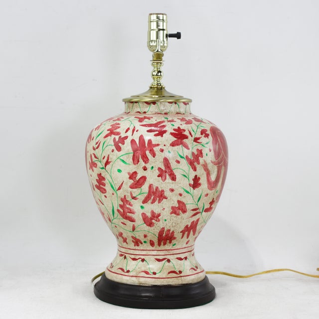 Cream Pair of Vintage Brunschwig & Fils Cadiz Table Lamps - Red and Cream Ceramic With Elephant and Camel Motif For Sale - Image 8 of 13