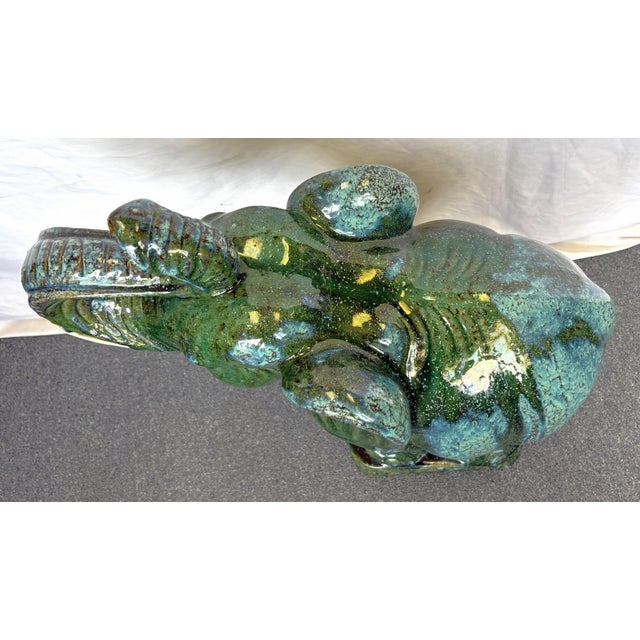 1970's Hollywood Regency Large Green Glaze Ceramic Elephant Symbolizing Good Fortune and Positive Energy For Sale - Image 9 of 14