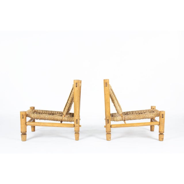 Mid-Century Modern Lounge Chairs in Wood and Braided Rope by Audoux-Minet for Vibo Vesoul, France, 1950s, Set of 2 For Sale - Image 3 of 12