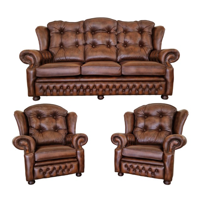 Chesterfield Suzanne Brown Leather Living Room Set, 1970s, Set of 3 For Sale