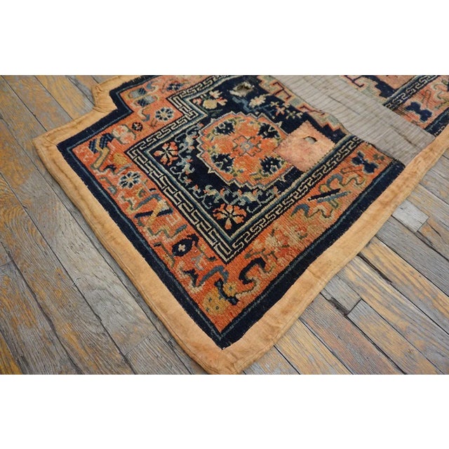 Chinese 1930s Blue Orange Geometric Qing Antique Chinese Horse Cover Rug 2'2" X 4'4" Knotted Wool Carpet For Sale - Image 3 of 6