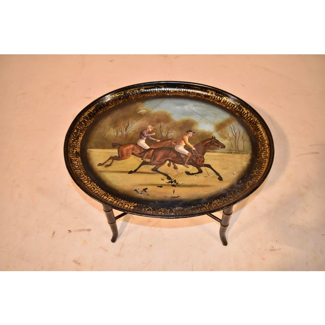 19th century hand painted tole tray on hand turned base, the base being custom made in the 1970's. The tray is lovely and...