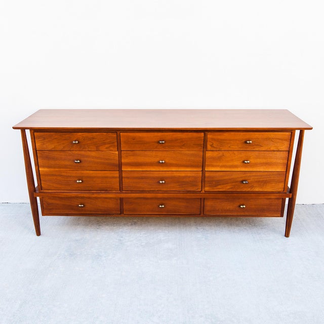 Restored 1950s Mount Airy Walnut & Brass Sculptural Mid Century Lowboy Dresser, Attributed For Sale - Image 9 of 12