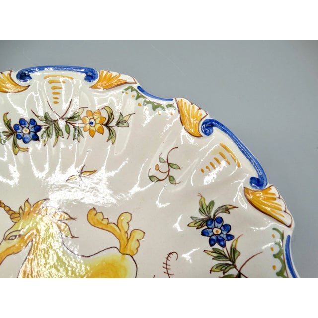 Ceramic Antique French Moustiers Large Plate With Unicorn Hand Painted For Sale - Image 7 of 12