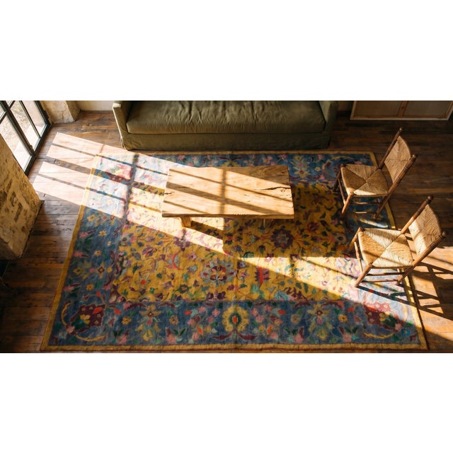 Textile 1930s Yellow Floral Modern Antique Indian Cotton Agra Rug 6'3" X 9' Knotted Pile Carpet For Sale - Image 7 of 8