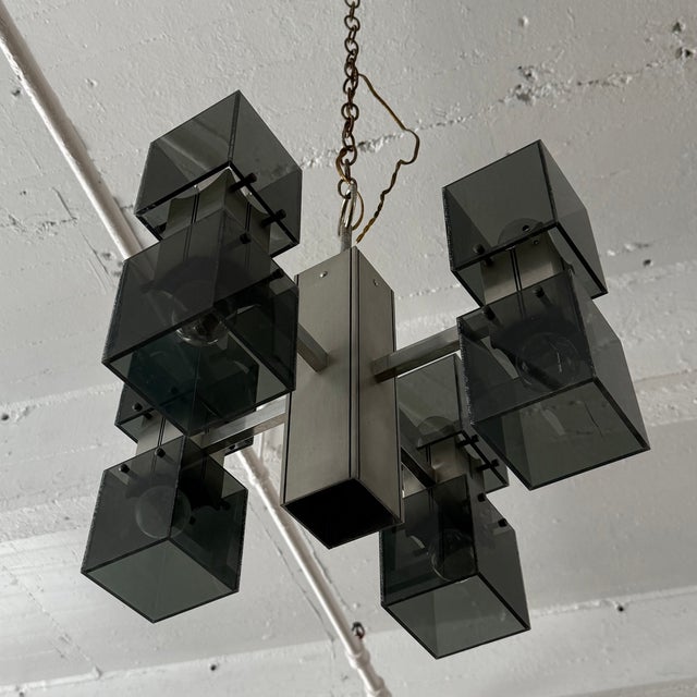 Late 20th Century Late 20th Century Brutalist Smoked Plexiglass "Ice Cube" Chrome Chandelier For Sale - Image 5 of 6
