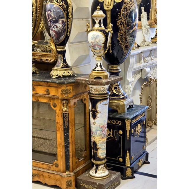 French Sevres Porcelain Vase & Pedestal Set With Hand-Painted Romantic Scenes, Bronze Mounts & Marble Bases For Sale - Image 4 of 6