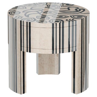 Granada Bedside Table in Abstract Marquetry Black & White Wood by HOMMÉS Studio For Sale