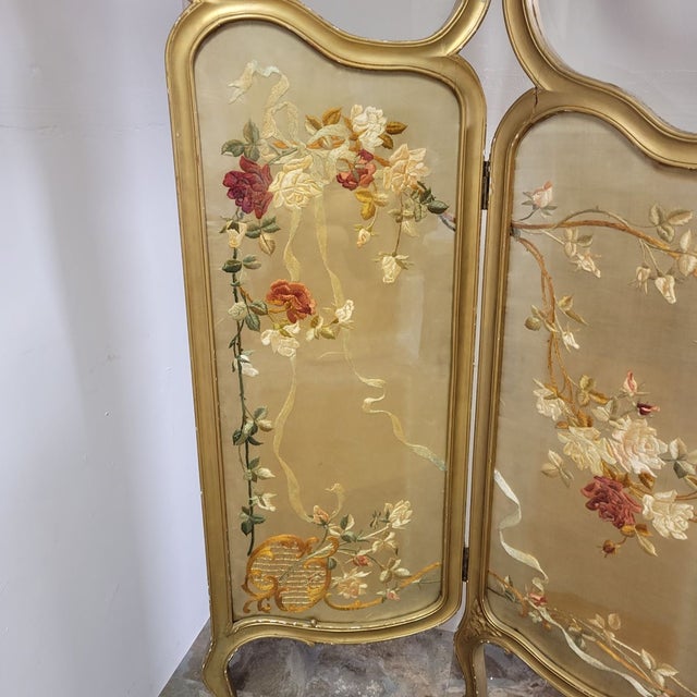 1900 - 1909 French Rocco Style Gold Gilt Folding Screen Silk Embroidered Flowers, C 1900 For Sale - Image 5 of 12