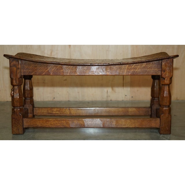 Important 1930s Antique Burr Oak Robert Mouseman Thompson Curved Stool Bench For Sale - Image 4 of 18