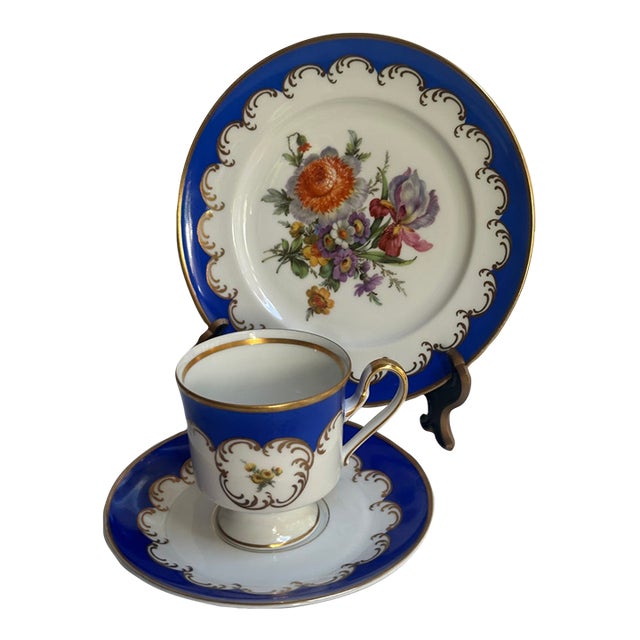 Vintage 1950's Kunst Hummendorf Kronack Bavaria Germany Porcelain Tea Set Trio Cobalt Blue Gold Tea Cup Saucer Dessert Plate For Sale