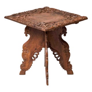 Anglo-Indian Carved Hardwood Folding Occasional Table With Burl Top For Sale