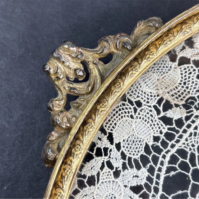 Antique Apollo Silver Co. Gilt Brass Vanity Tray With Lace Under Glass For Sale - Image 11 of 13