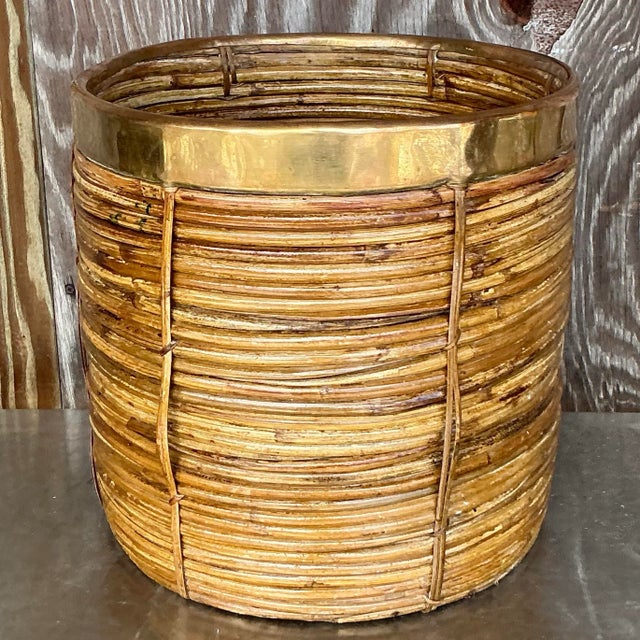 Mid 20th Century Vintage Coastal Brass and Reed Planter For Sale - Image 5 of 7