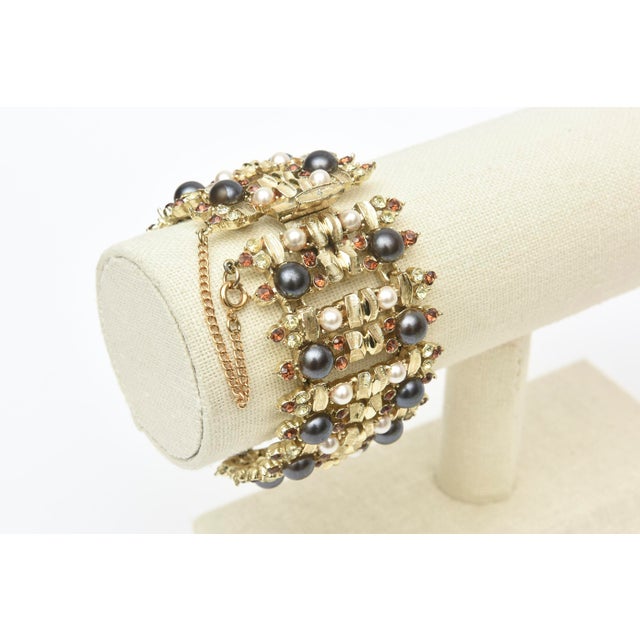 Vintage Signed Francois Gold Plated Cuff Bracelet With Faux Pearls and Amber Rhinestones For Sale In Miami - Image 6 of 7