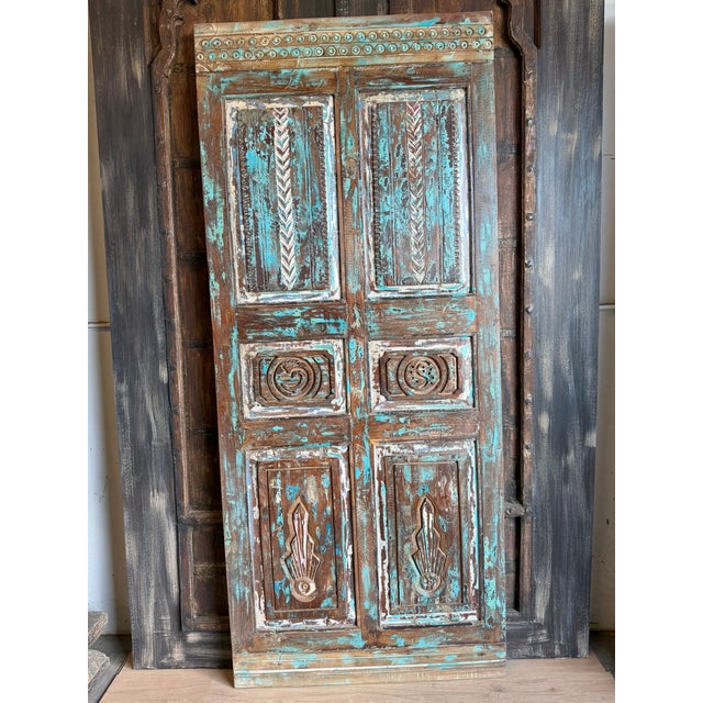 Mid-Century Modern Antique Hand-Carved Blue Barn Door | Rustic Farmhouse Vintage Architectural Door 80x34.5 For Sale - Image 3 of 7