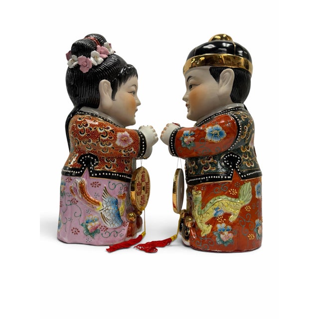 Large 16" Vintage Chinese Porcelain Good Fortune Figurines - Jintong & Yunu Pair For Sale - Image 4 of 8