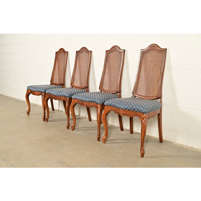 French Provincial Baker Furniture Style French Provincial Louis XV Carved Walnut and Cane Back Dining Chairs, Set of Four For Sale - Image 3 of 13