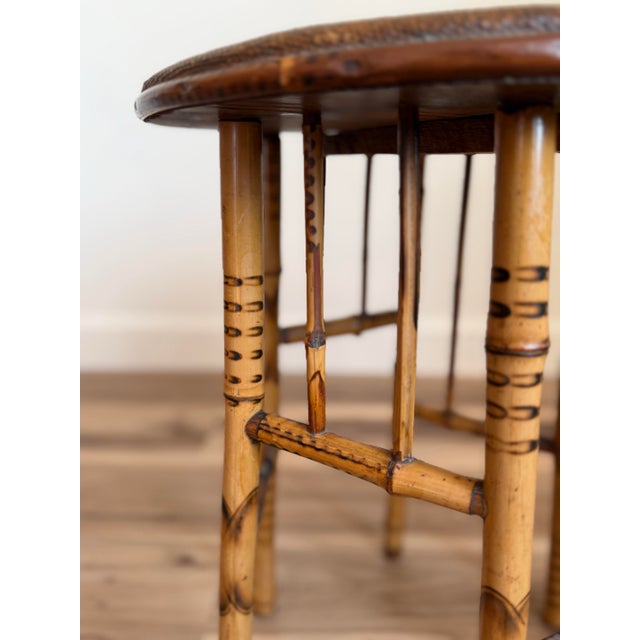 Antique English Tortoiseshell Bamboo Side Table, Woven Rush Top For Sale - Image 9 of 12
