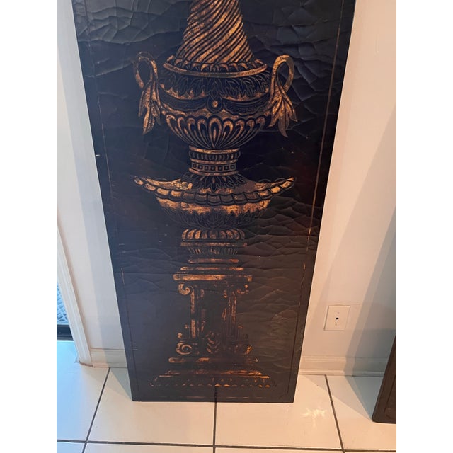 Black Vintage Monumental Empire Revival Black Lacquer & Gilt Urn Wall Panels – Pair For Sale - Image 8 of 8
